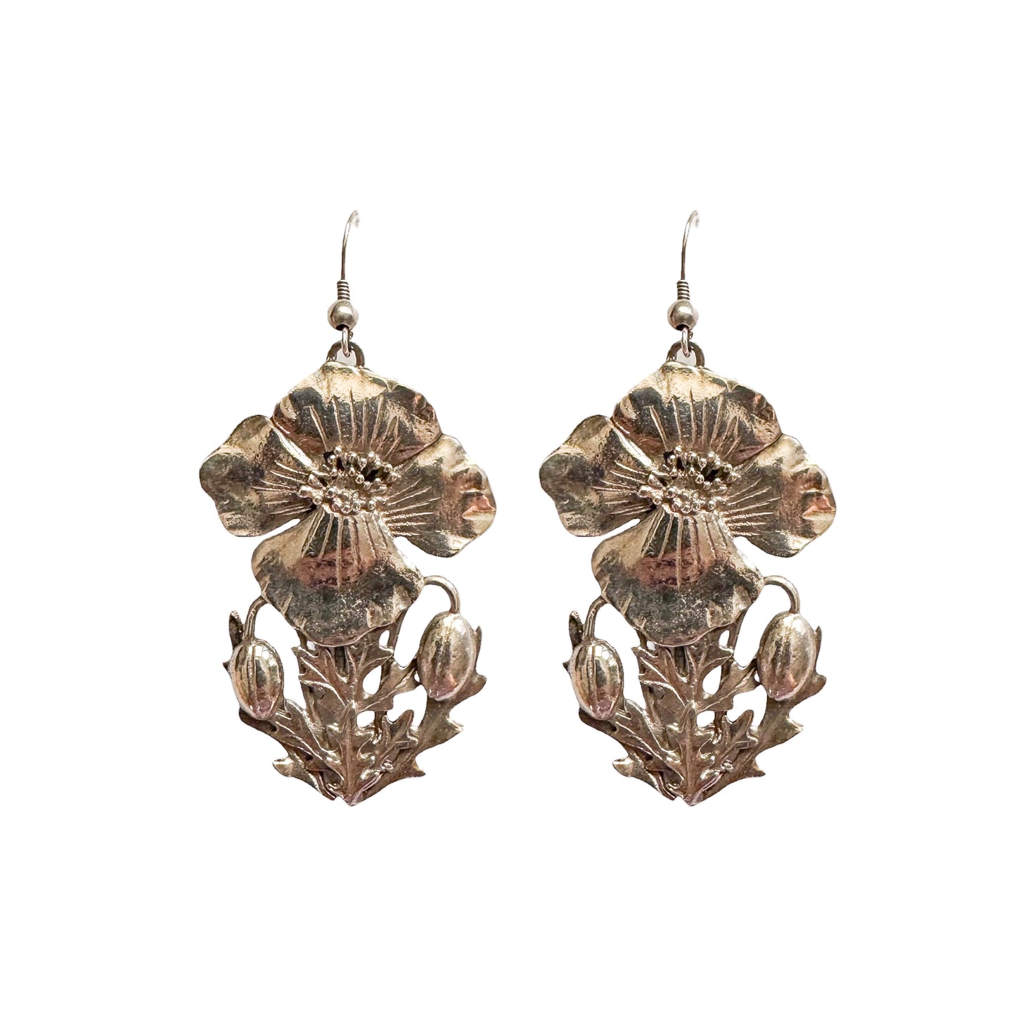 Vintage MASJ Signed Pewter Poppy Stem Earrings — 1980s–1990s