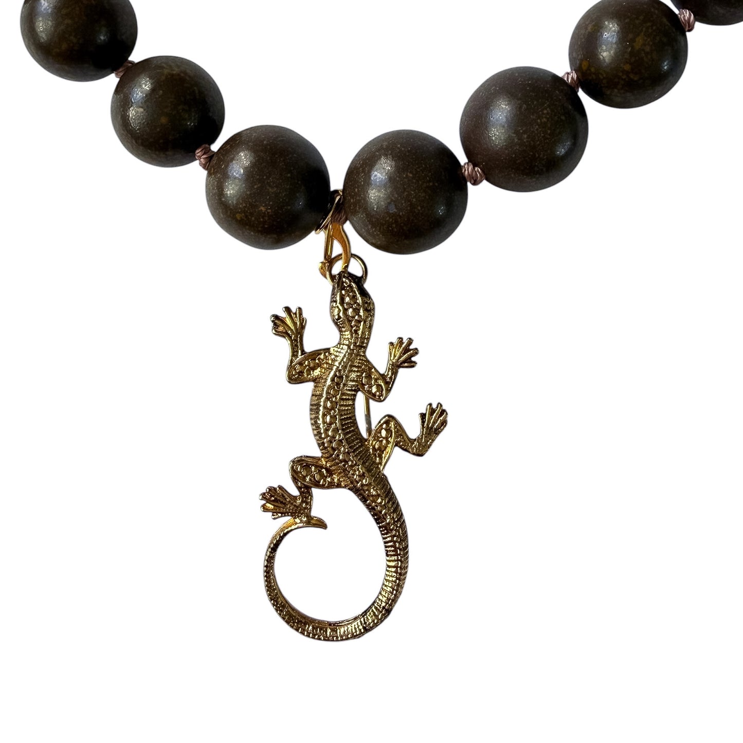 Vintage Monet Wood Bead Necklace with Gold Lizard Charm — 1980’s