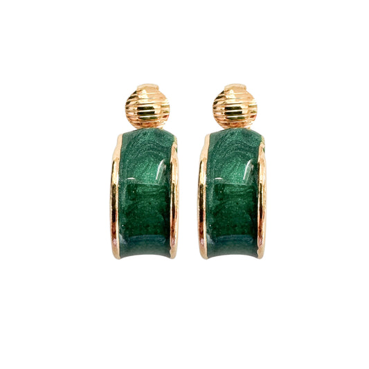 Vintage Gold-Plated Green Enamel Demi Hoop Clip-On Earrings — 1980s