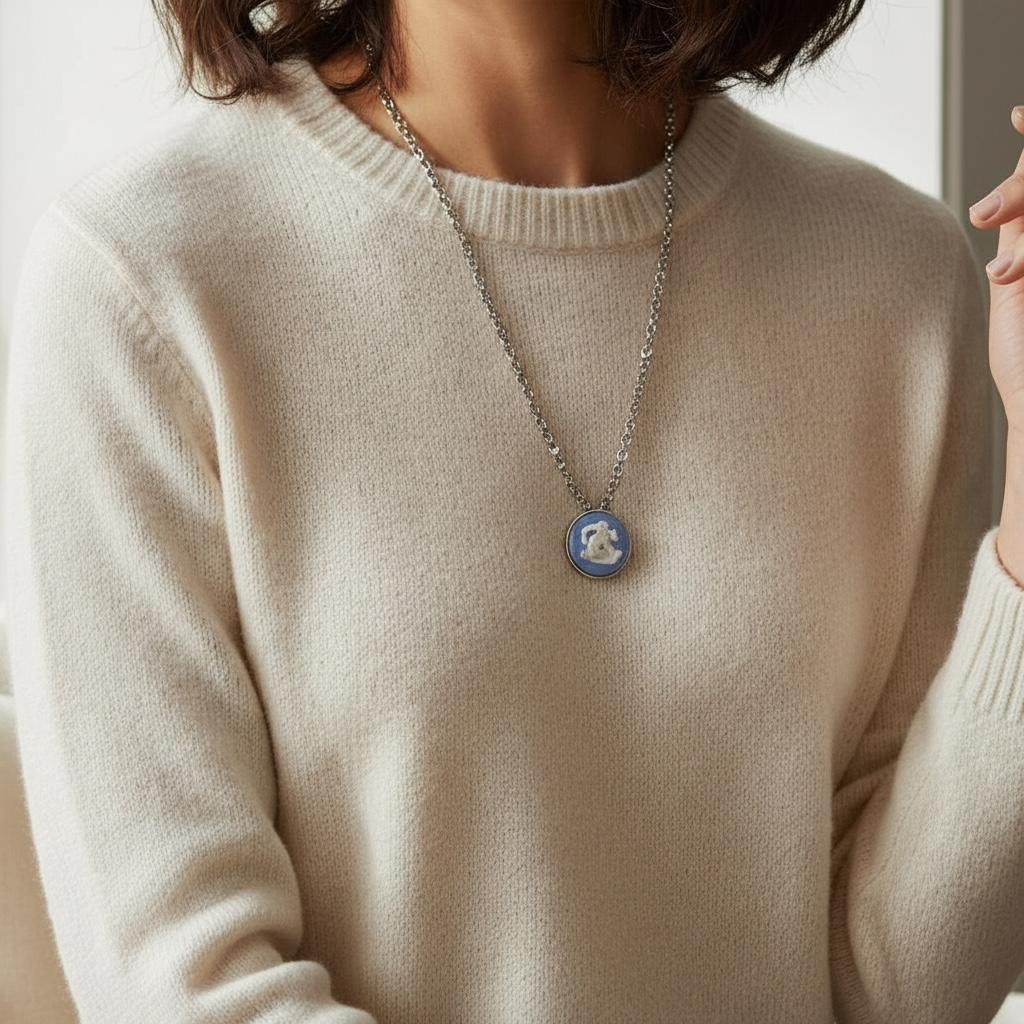 Vintage Silver-Plated Chain Necklace with Wedgwood Blue & White Jasperware Pendant