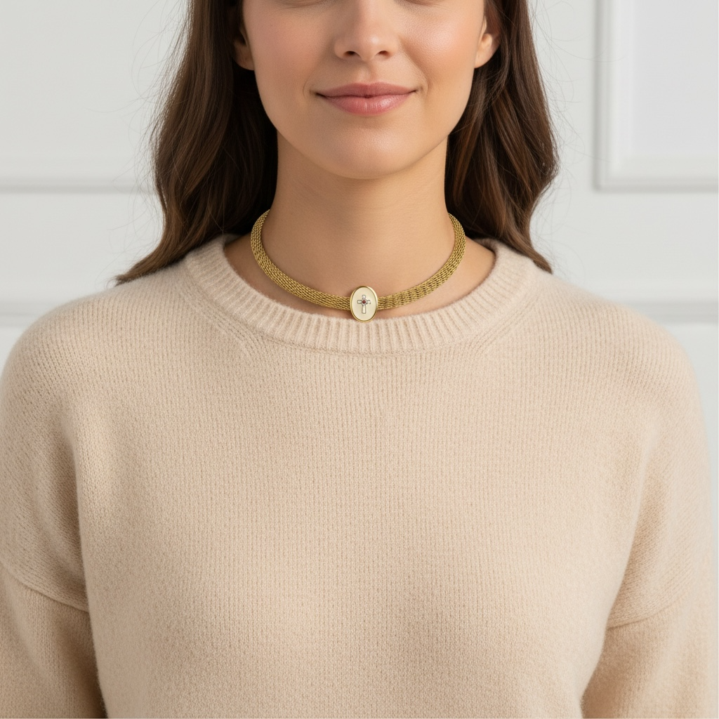 Vintage Mineli Broş Detaylı Mesh Choker Kolye