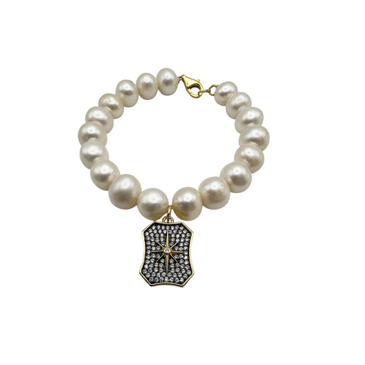 Vintage Pearl Bracelet with North Star Rhinestone Pendant — 1970s