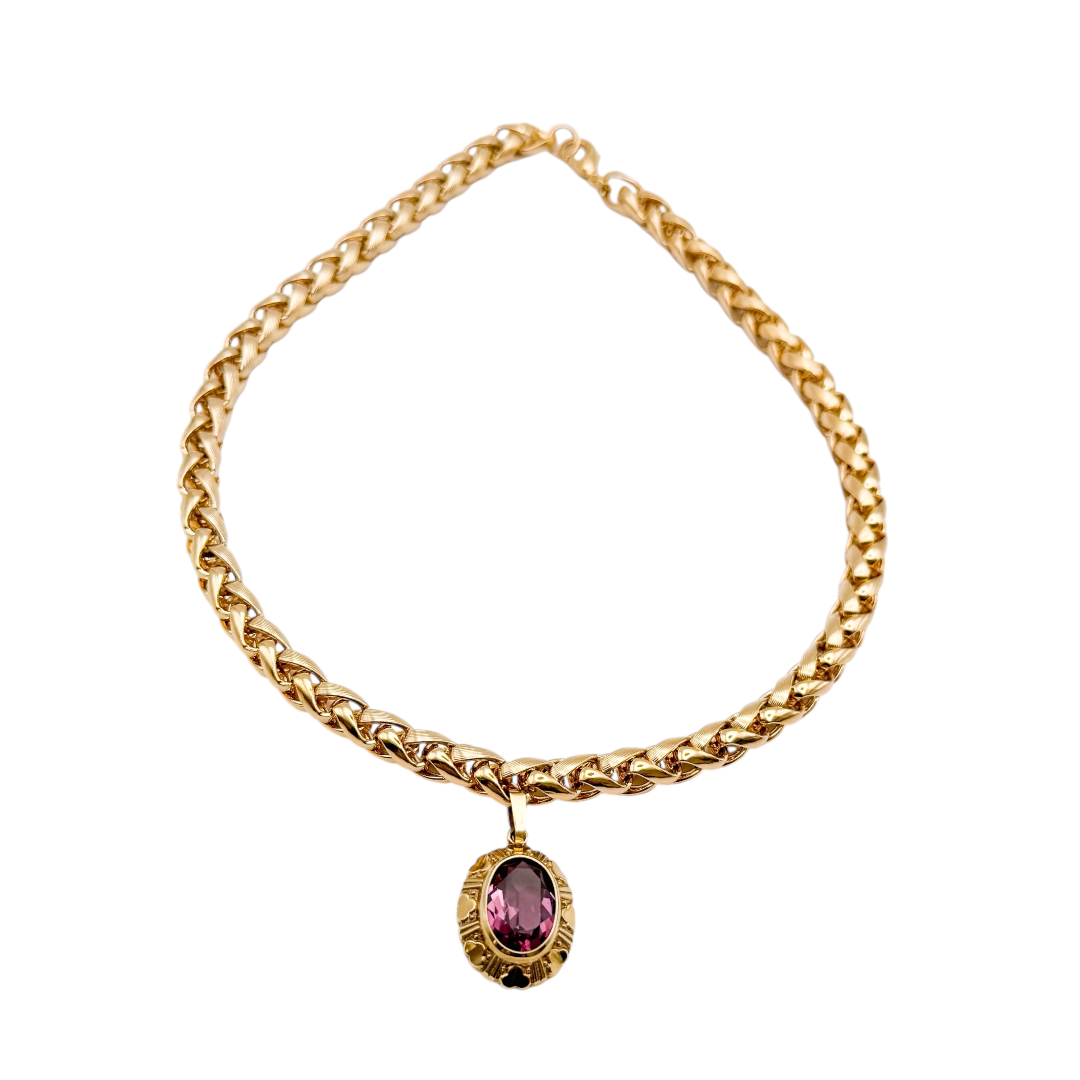 Vintage Triple Gold Chunky Chain Necklace with Rolled Gold Amethyst Pendant — 1980s