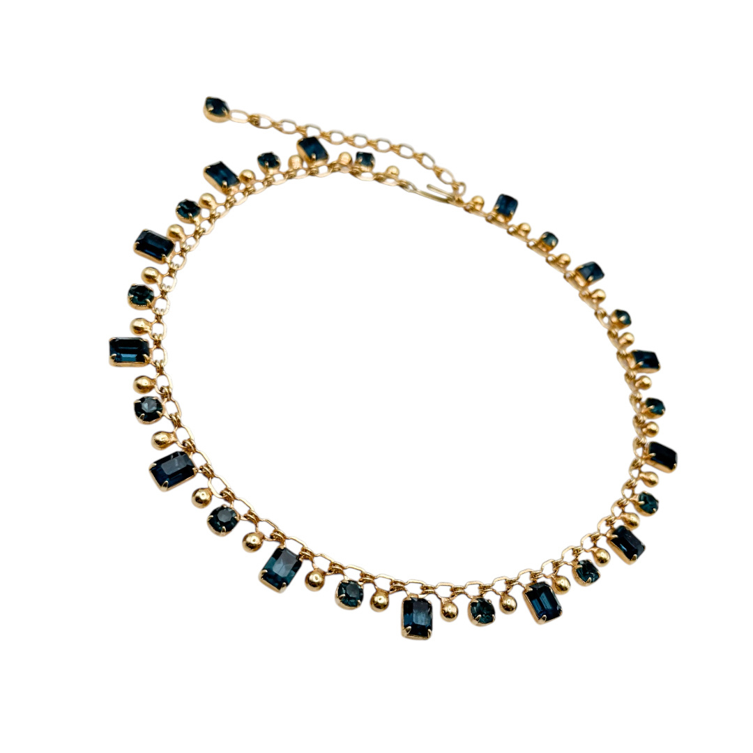 Vintage Altın Kaplama Mavi Kristal Kolye