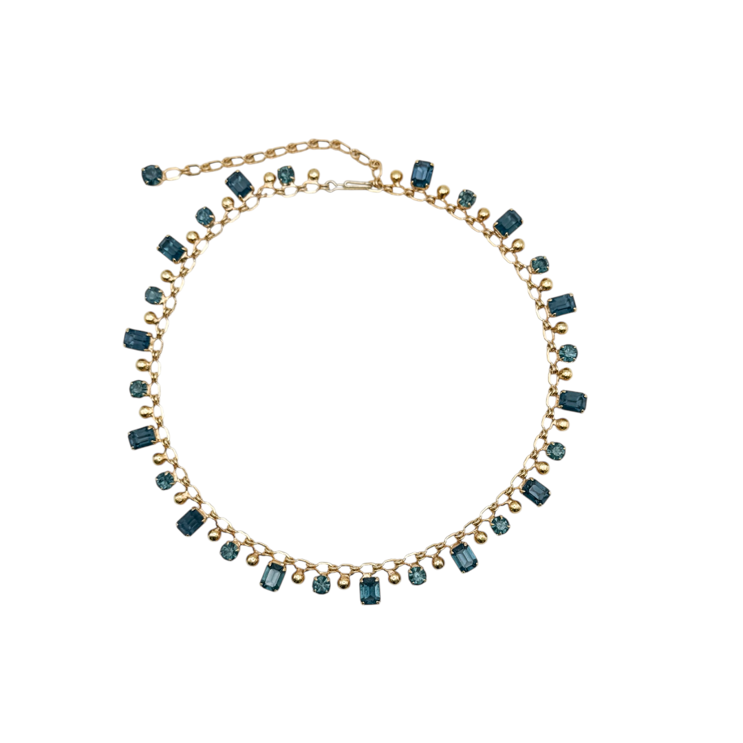 Vintage Altın Kaplama Mavi Kristal Kolye