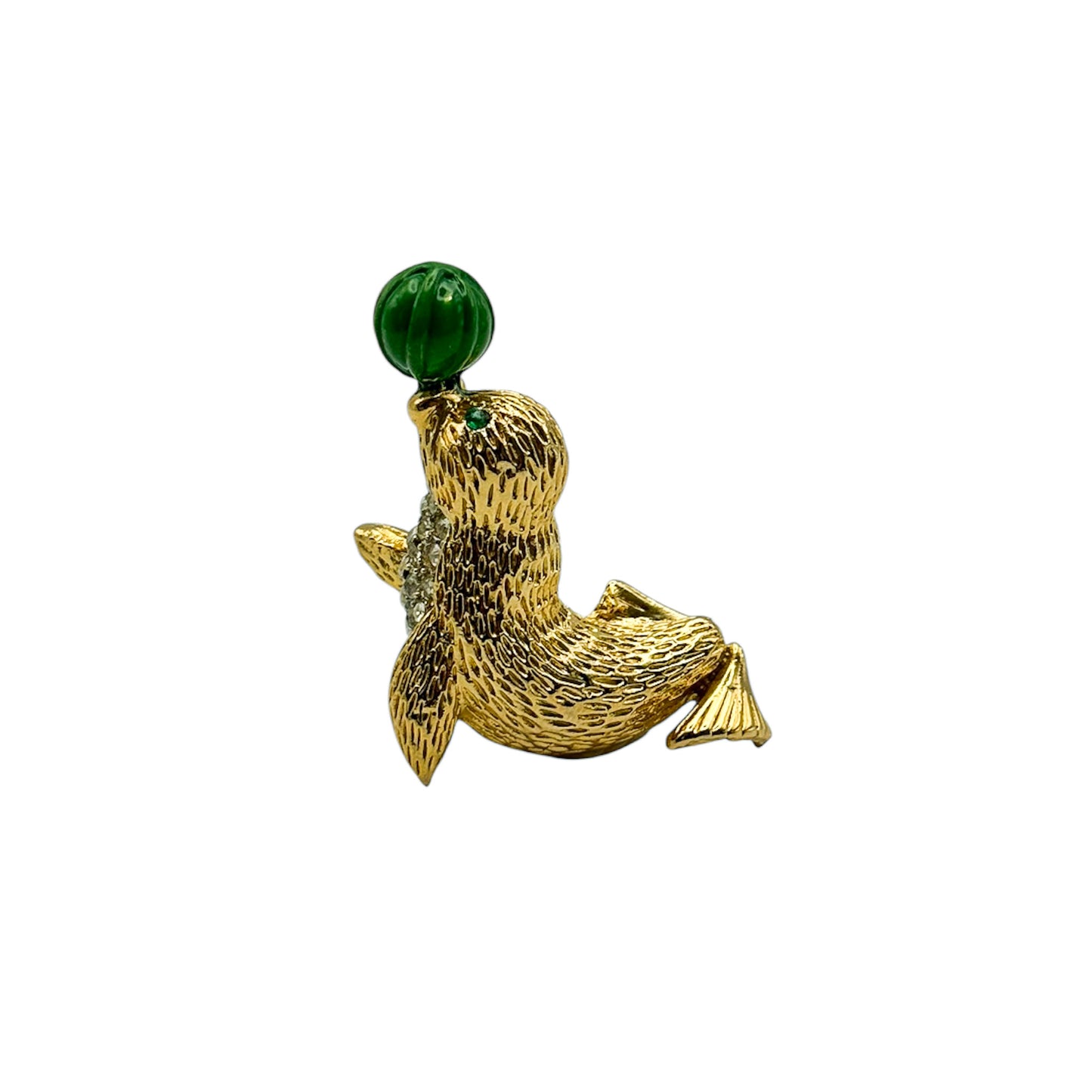 vintage gold plated seal brooch green enamel