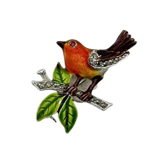 bird brooch marcasite stones silver tone vintage design
