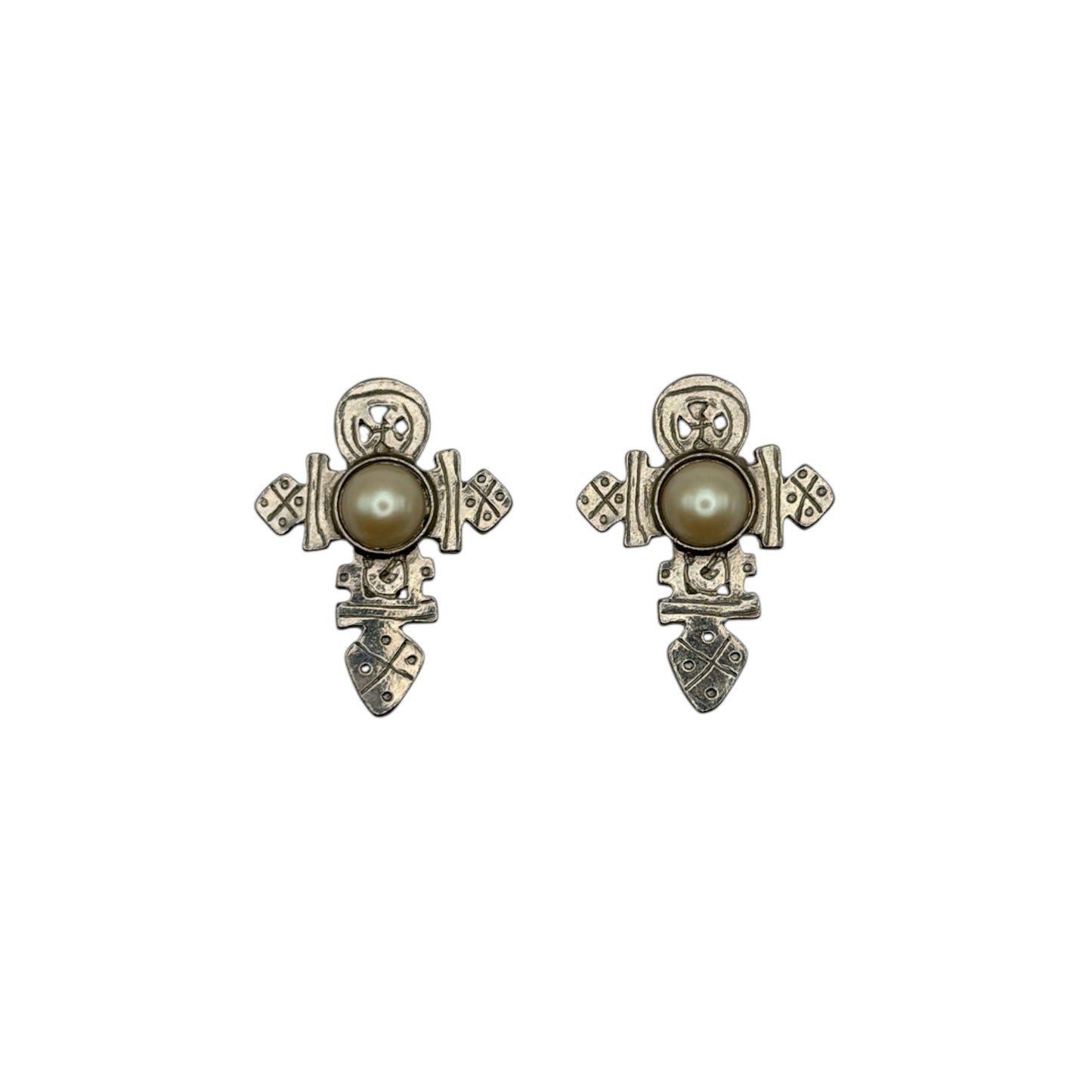 vintage pearl cross earrings silver plated 1980s