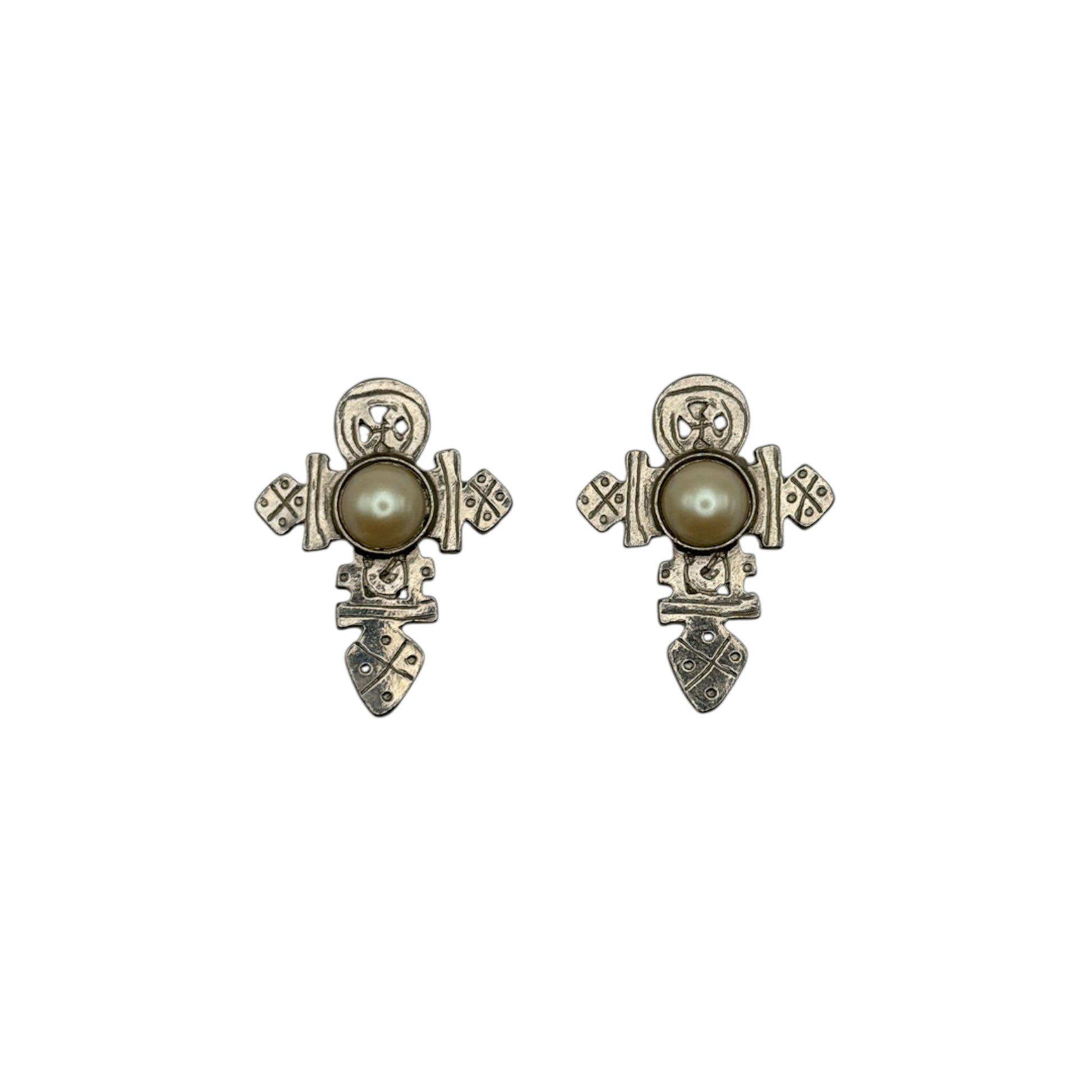 vintage pearl cross earrings silver plated 1980s