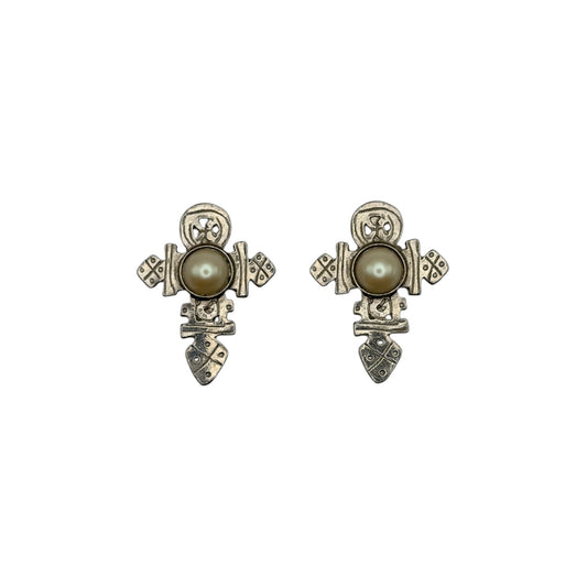 vintage pearl cross earrings silver plated 1980s