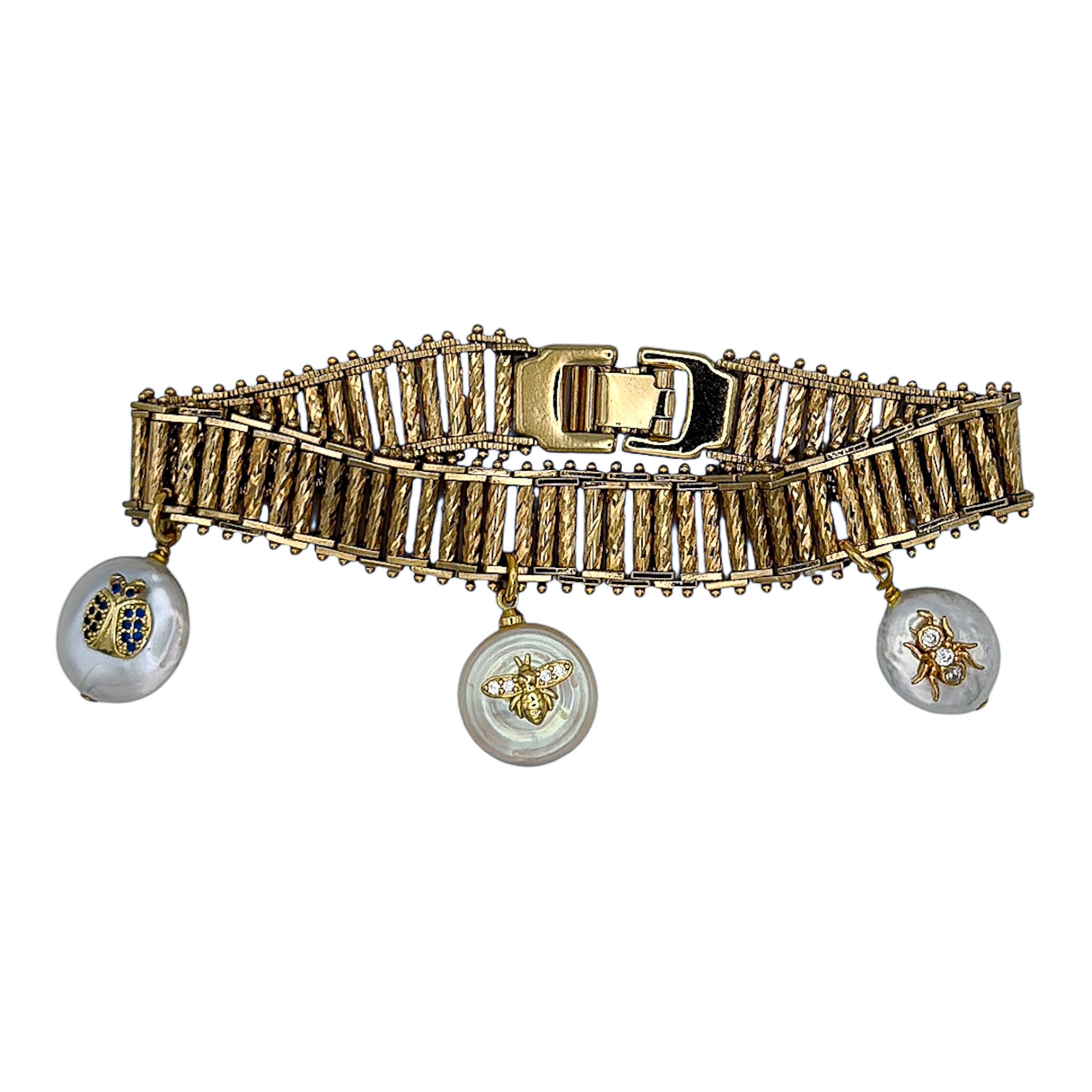 Vintage Rolled Gold Bar Stili İnci Charmlı Bileklik