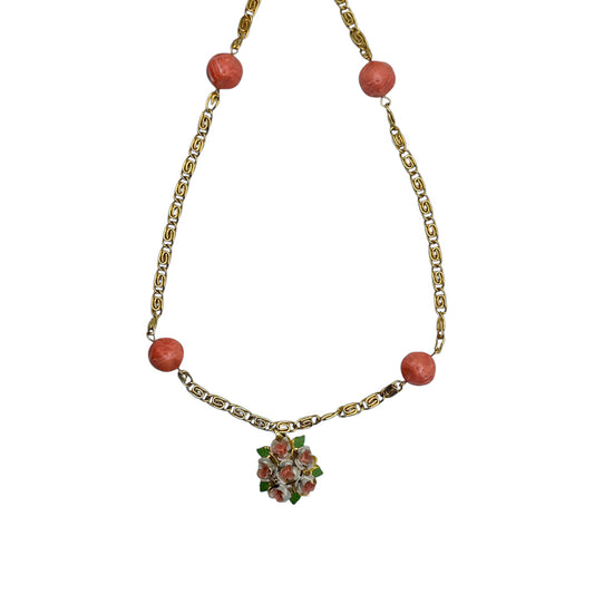 Vintage Hand-Painted Floral Pendant Necklace — 1950s Pendant, 1980s Chain