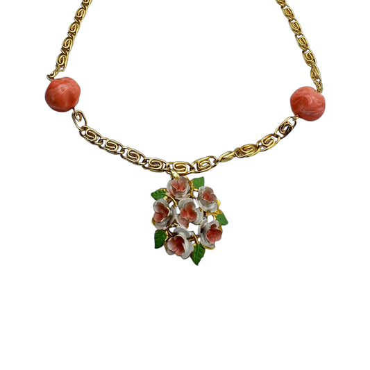 Vintage Hand-Painted Floral Pendant Necklace — 1950s Pendant, 1980s Chain