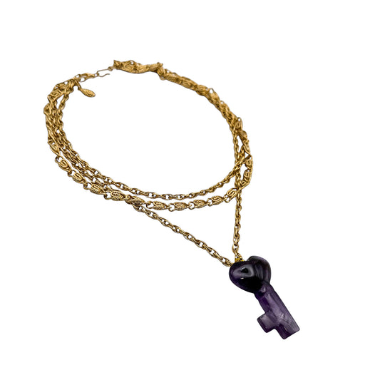 Vintage Gold Plated Three Layer Chain Necklace With Natural Amethyst "Key With Heart"  Gemstone Pendant