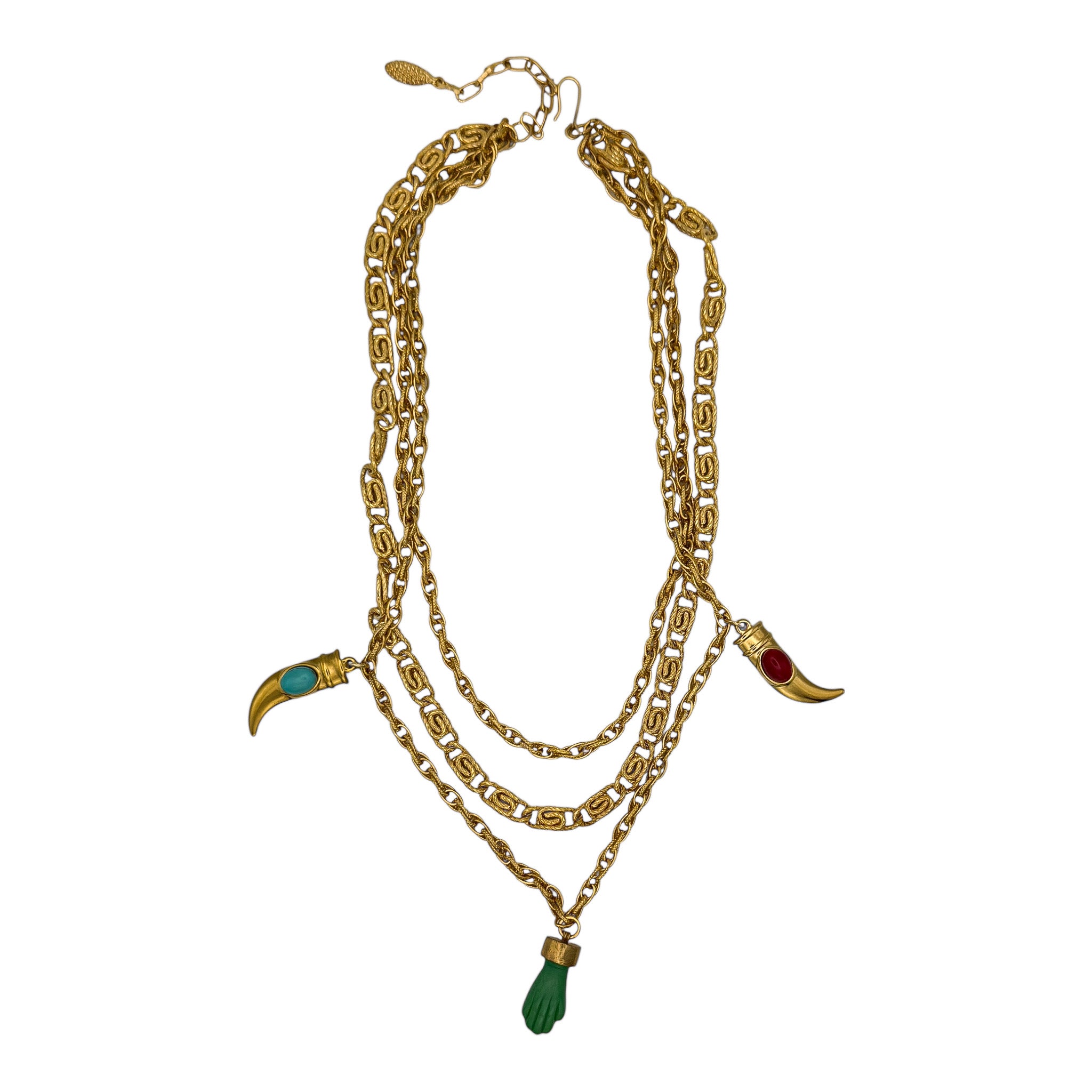 Vintage 3 Katmanlı Charm Kolye – 1980’ler Üçlü Altın Kaplama Zincir, Boynuz & El Charm Detaylı