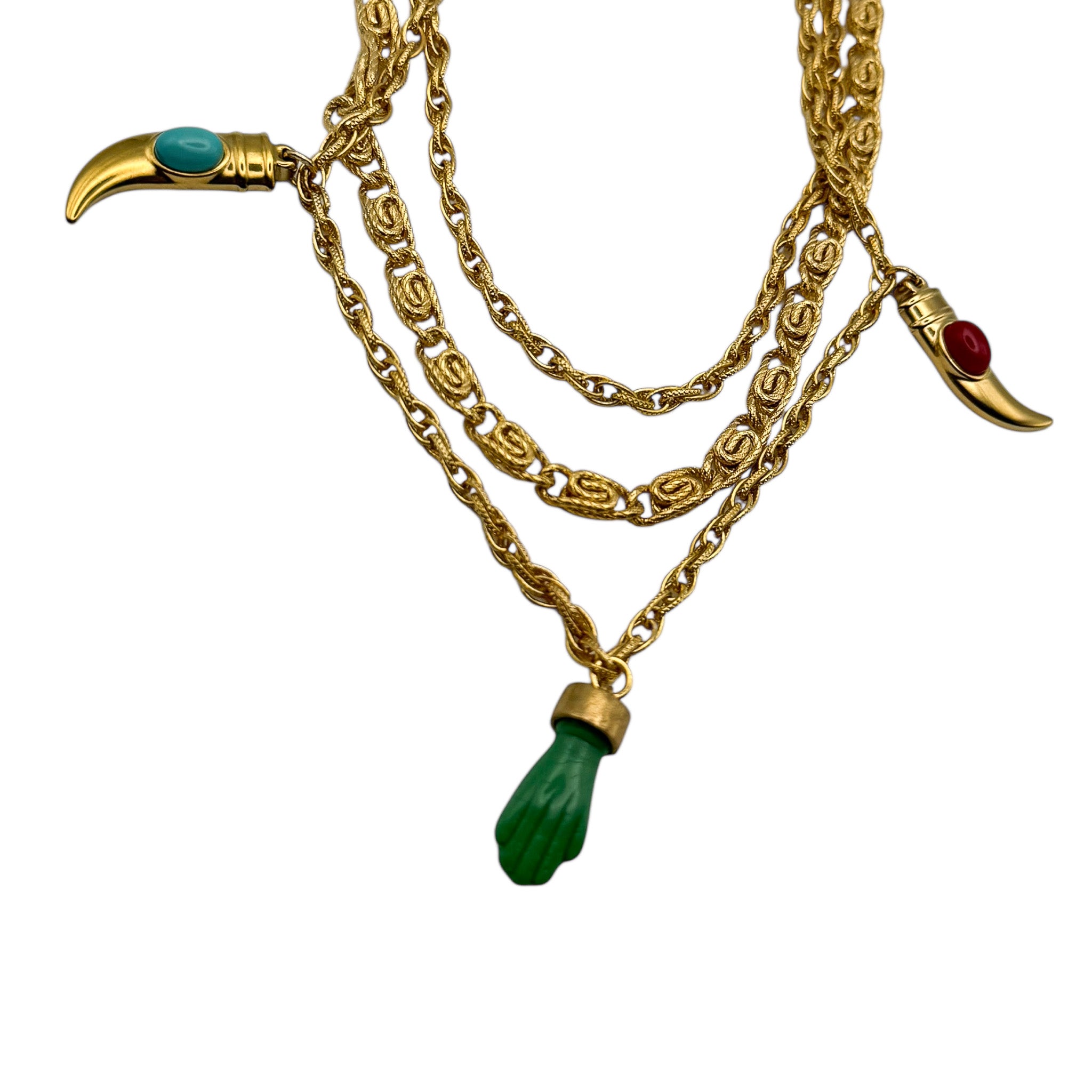 Vintage 3 Katmanlı Charm Kolye – 1980’ler Üçlü Altın Kaplama Zincir, Boynuz & El Charm Detaylı