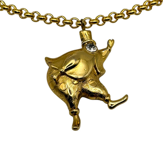Vintage Crystal Gold Chain Necklace with Monet Storybook Character Charm — 1980s