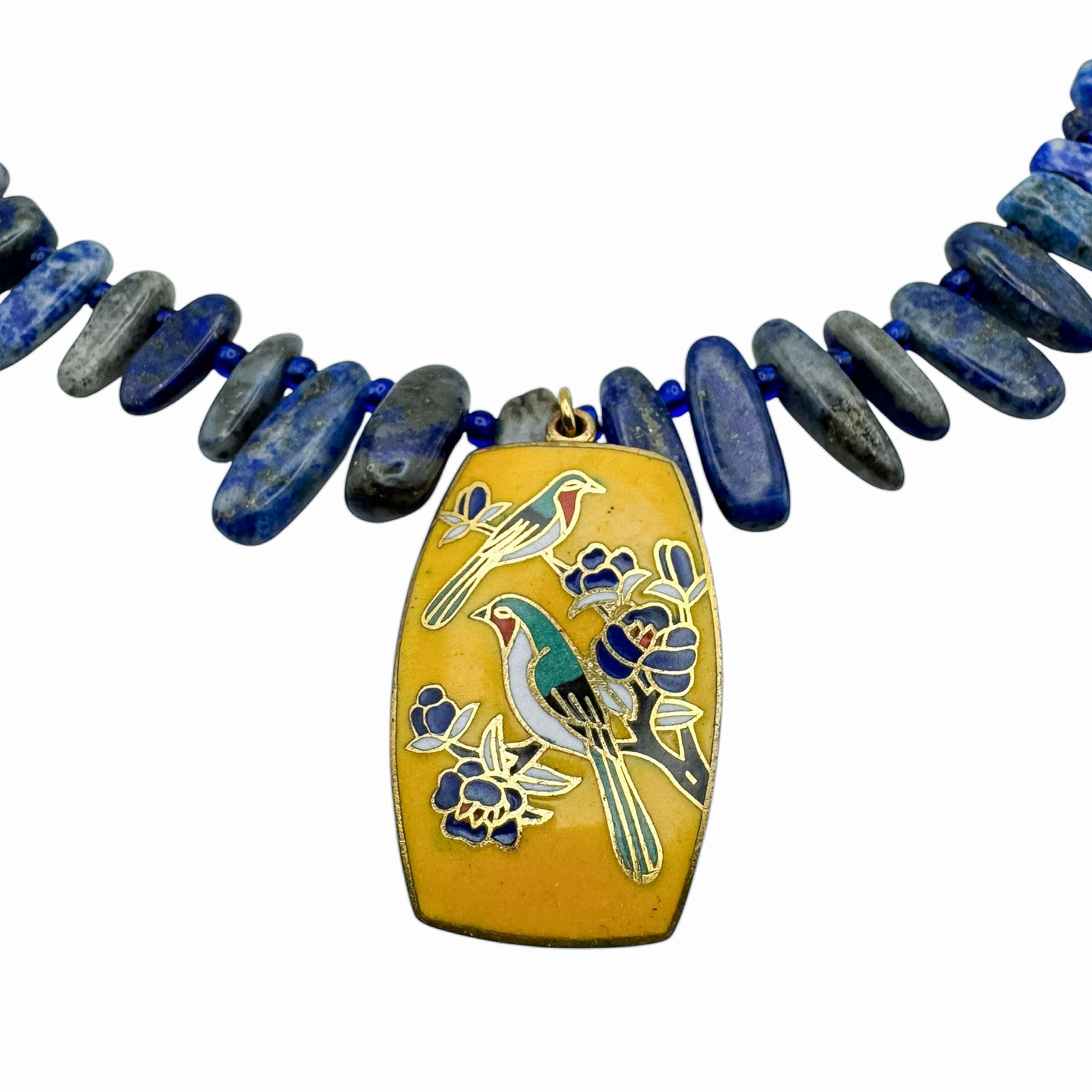Vintage Cloisonné Kuş Çiçek Motifli Kolye Uçlu Lapis Lazuli Kolye