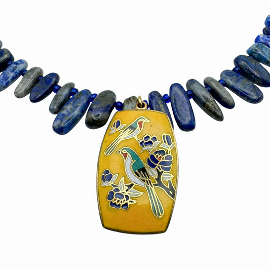 Vintage Lapis Lazuli Necklace with Cloisonné Bird Pendant — 1950s