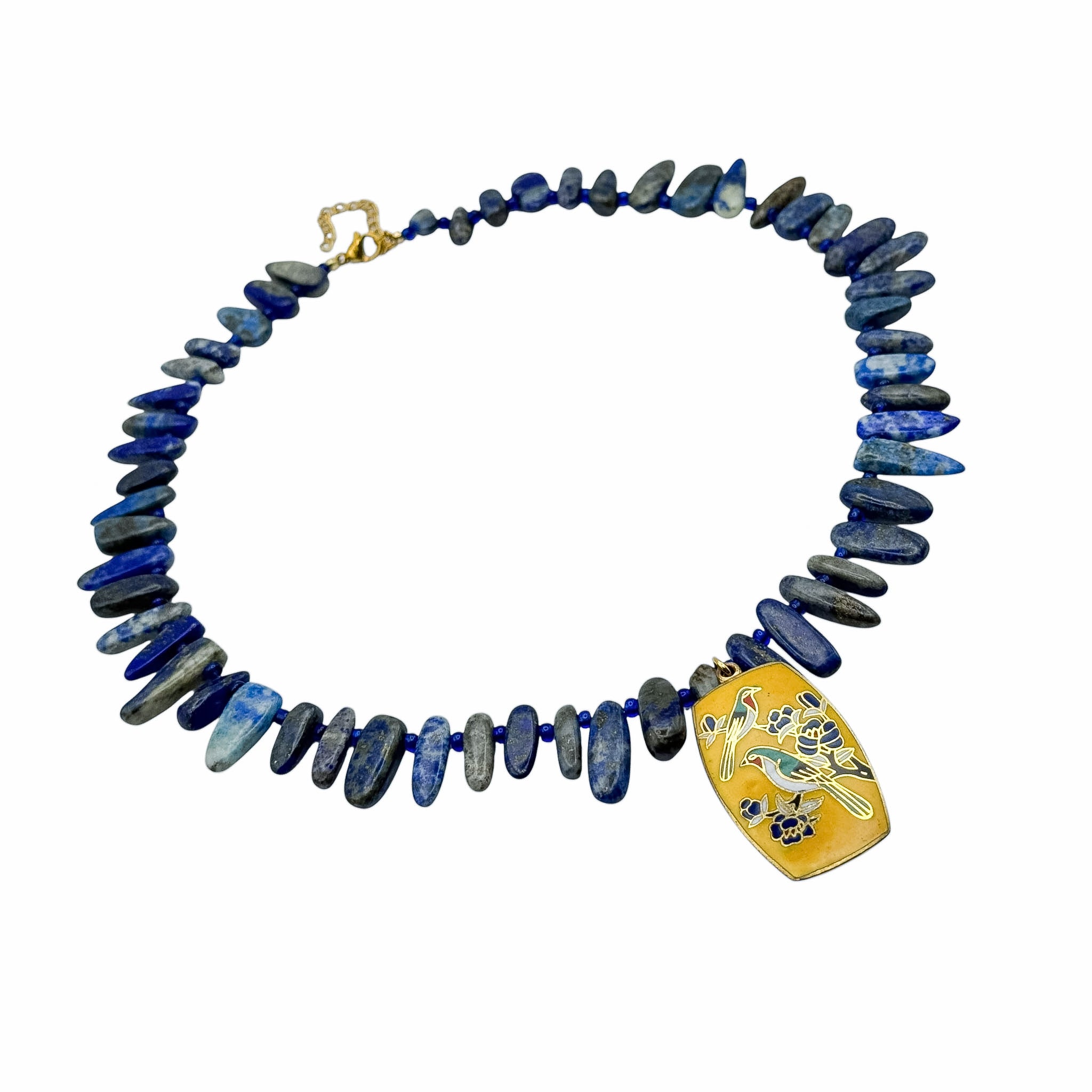 Vintage Cloisonné Kuş Çiçek Motifli Kolye Uçlu Lapis Lazuli Kolye