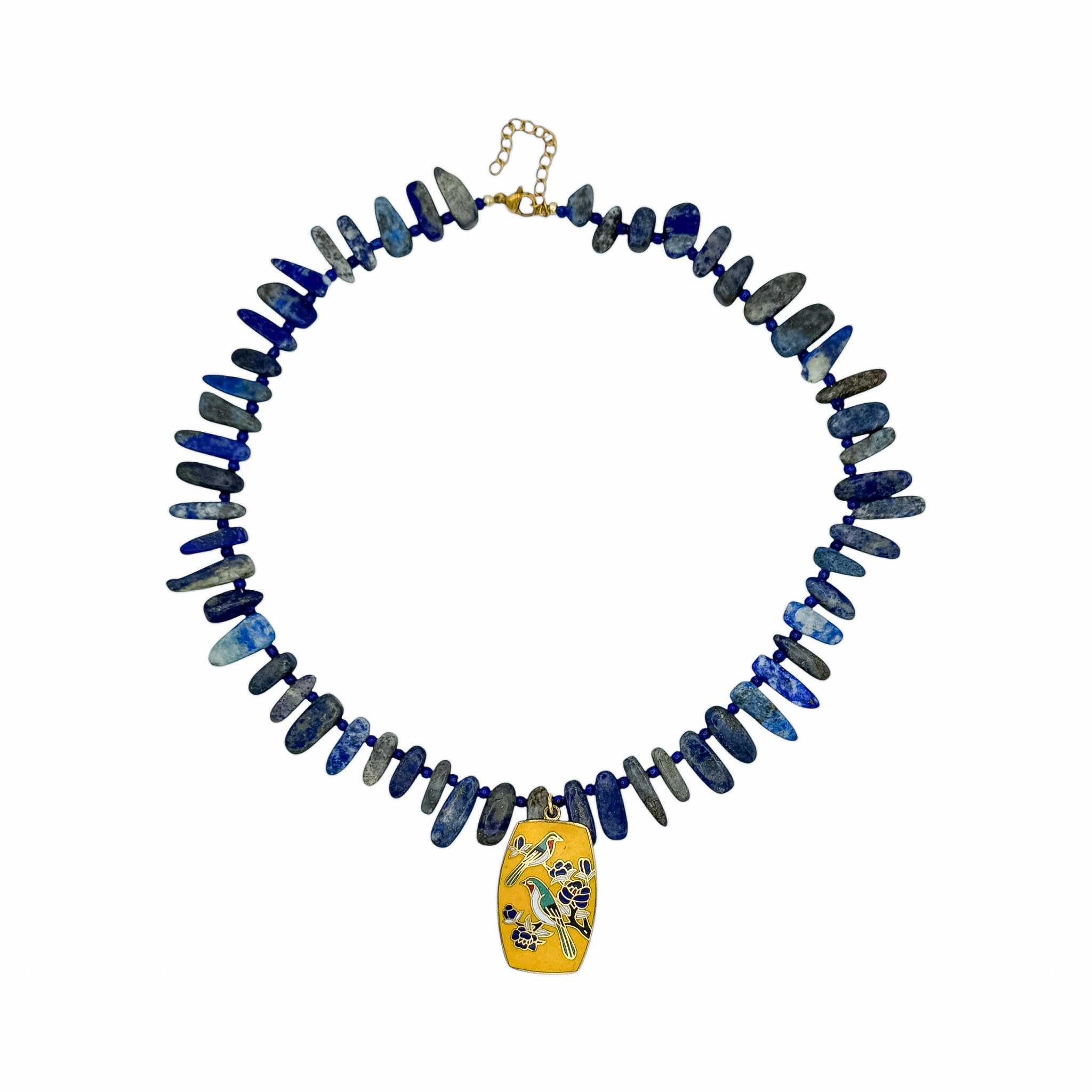 Vintage Cloisonné Kuş Çiçek Motifli Kolye Uçlu Lapis Lazuli Kolye