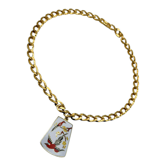 Vintage Gold Chain Necklace with Antique Cloisonné Pendant — 1950s
