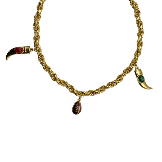 Vintage Triple Gold Chain Necklace with Joan Rivers Egg & Horn Charms — 1980s