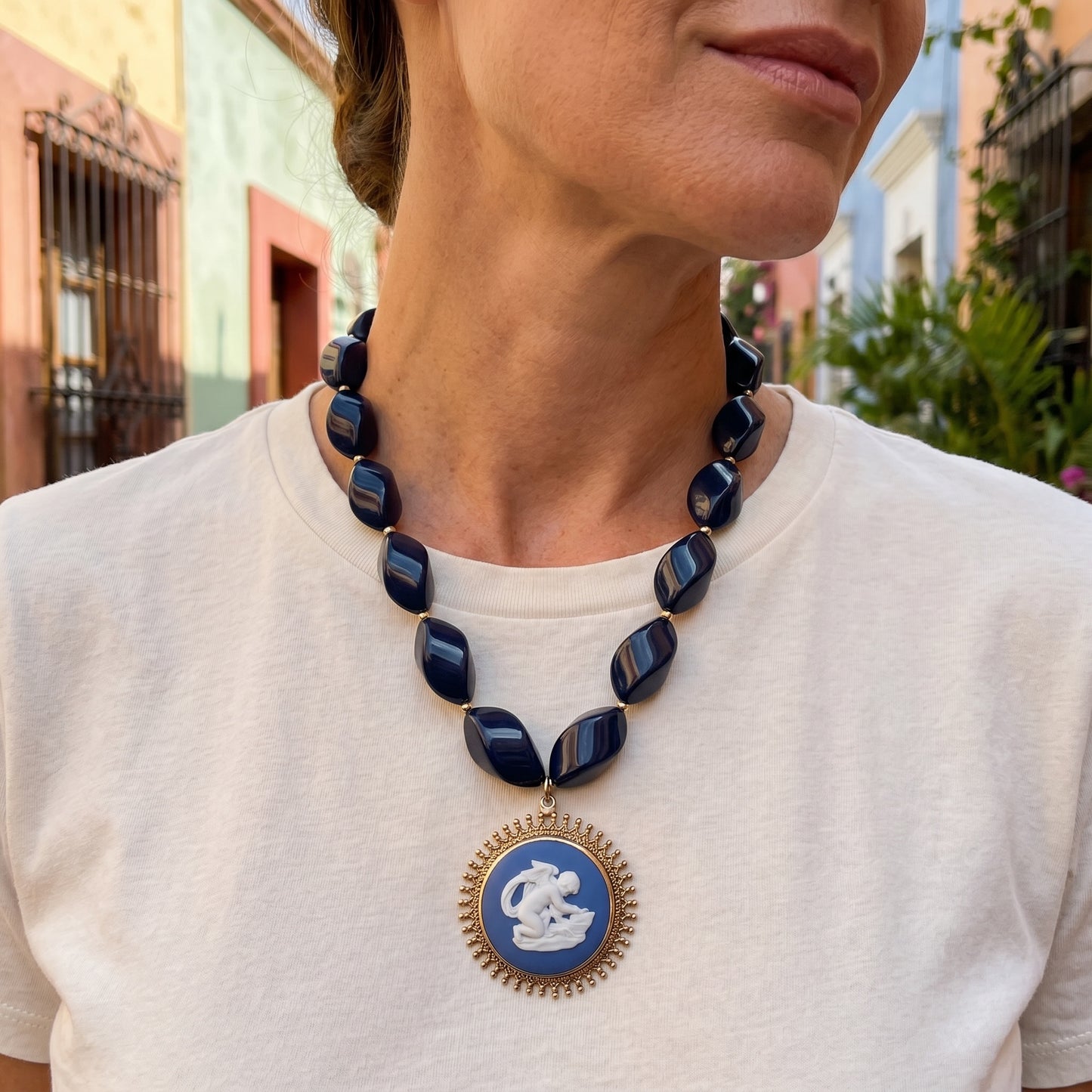 Vintage Napier Navy Beaded Long Necklace with Wedgwood Brooch Pendant — 1980s
