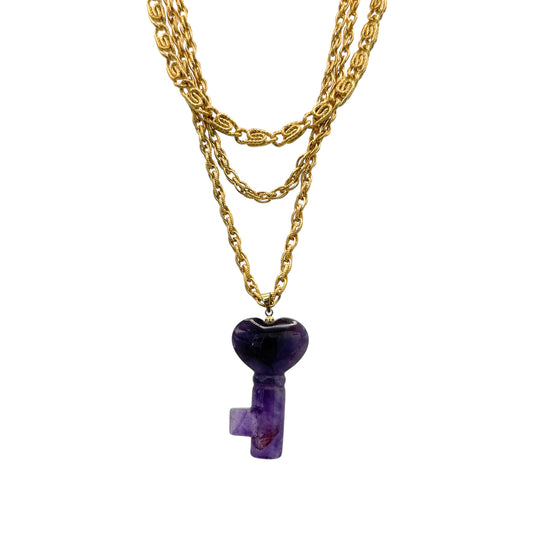 Vintage Gold Plated Three Layer Chain Necklace With Natural Amethyst "Key With Heart"  Gemstone Pendant