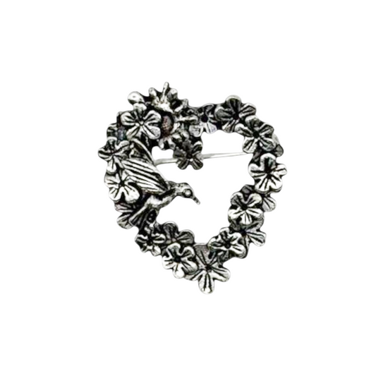 MASJ Vintage Pewter Hummingbird & Heart Brooch — 1990s