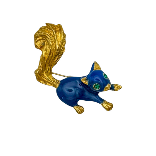 Vintage Gold-Plated Blue Enamel Squirrel Brooch — 1980s