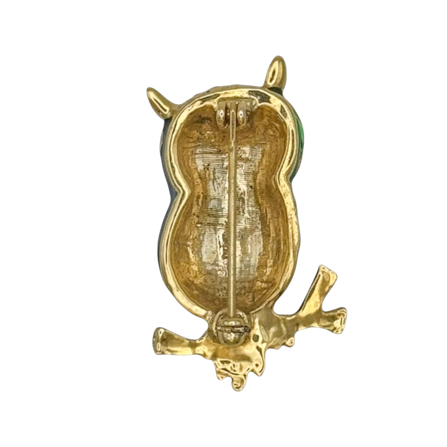 Vintage Gold-Plated Emerald & Navy Enamel Owl Brooch — 1980s