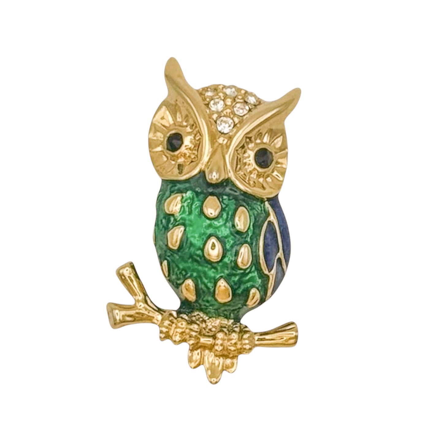 Vintage Gold-Plated Emerald & Navy Enamel Owl Brooch — 1980s
