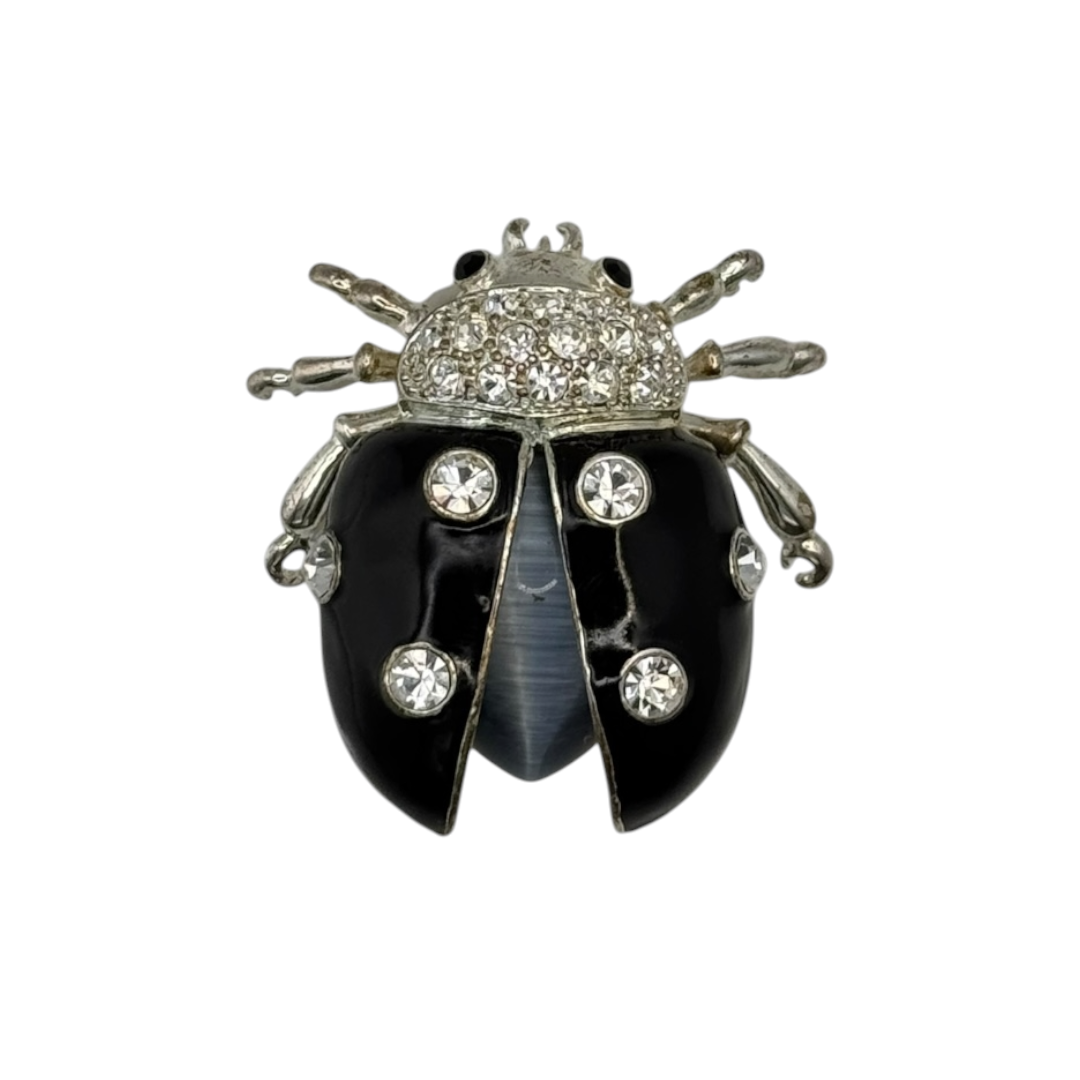 Vintage Altın Kaplama Siyah Mine Swarovski Uğur Böceği Broş — 1980'ler