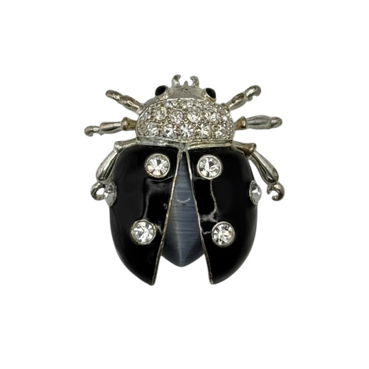 Vintage Gold-Plated Black Enamel Swarovski Ladybug Brooch — 1980s