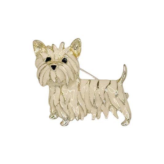 Vintage Silver-Tone White Enamel Skye Terrier Brooch — 1950s