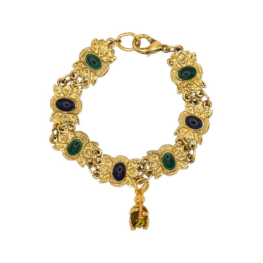 Vintage Gold Navy & Emerald Green Enamel Bracelet with Sterling Silver Rabbit Charm — 1980s