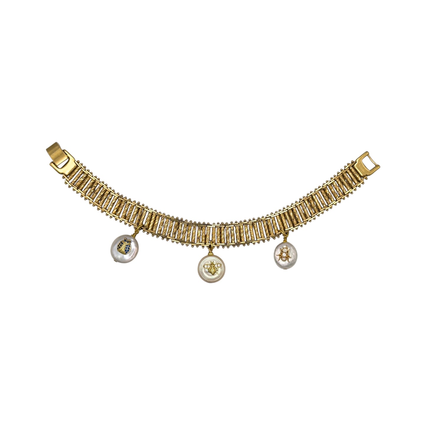 Vintage Rolled Gold Bar Bracelet with Pearl Bee, Insect & Ladybug Charms — 1970s