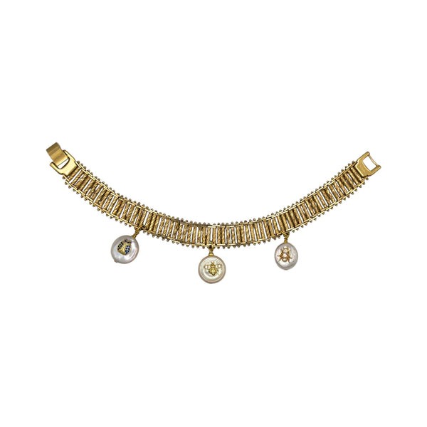 Vintage Rolled Gold İnci Charmlı Bar Bileklik  — 1970'ler 