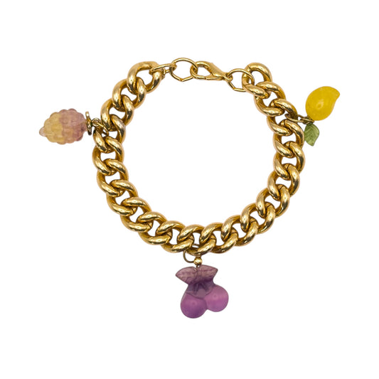Vintage Gold Chain Bracelet with Natural Quartz Fruit Charms — 1980s