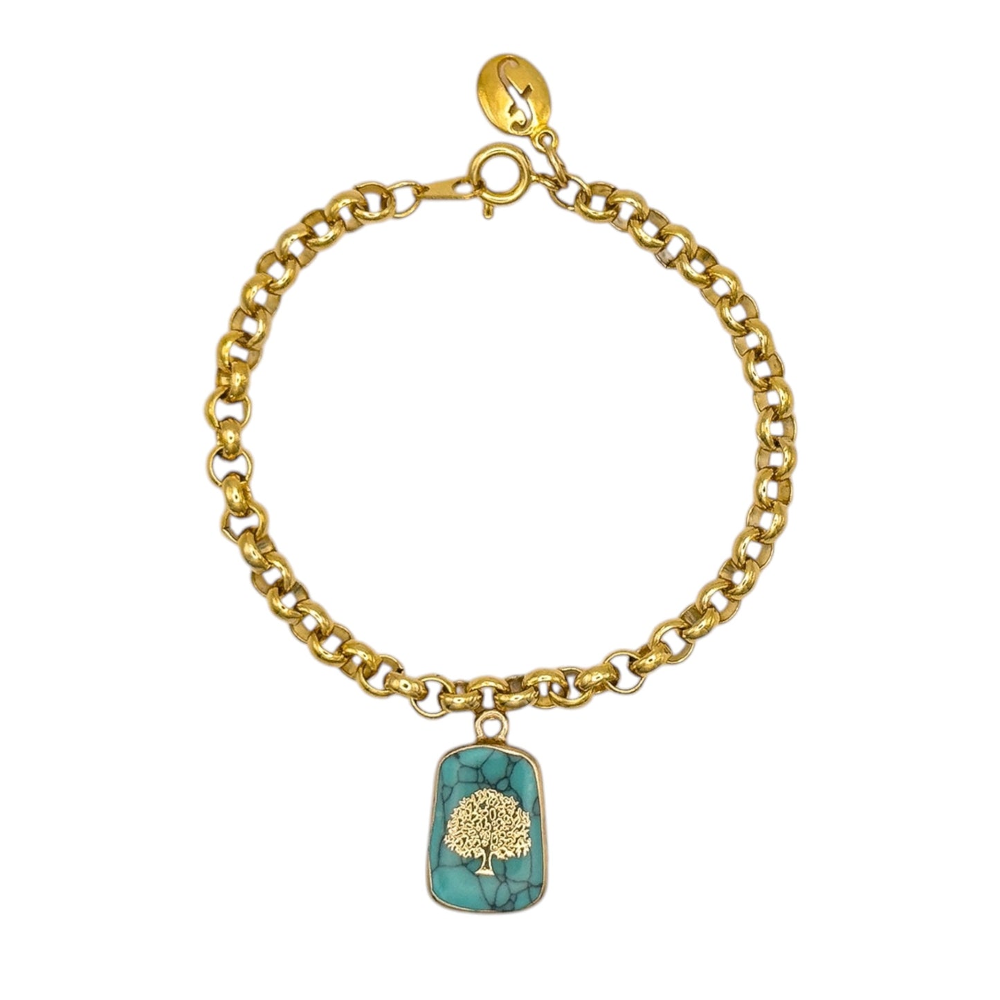 Vintage Gold Chain Bracelet with Turquoise Tree of Life Charm — 1980s