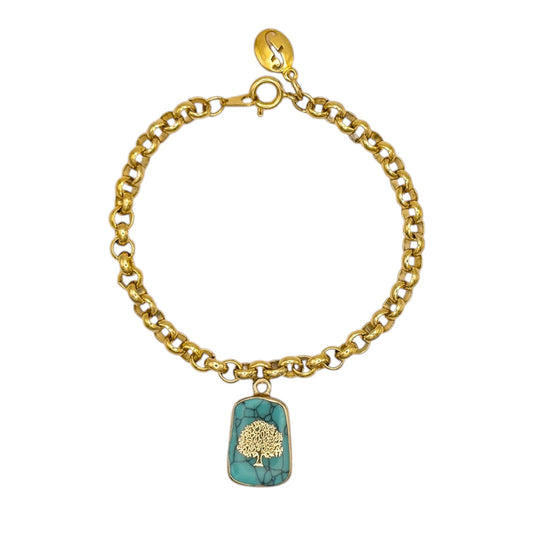 Vintage Gold Chain Bracelet with Turquoise Tree of Life Charm — 1980s