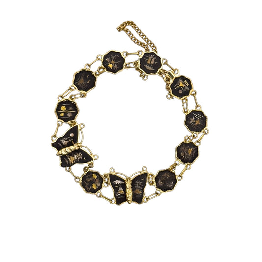 Vintage Shakudo Butterfly Bracelet Gilded With 24K Gold