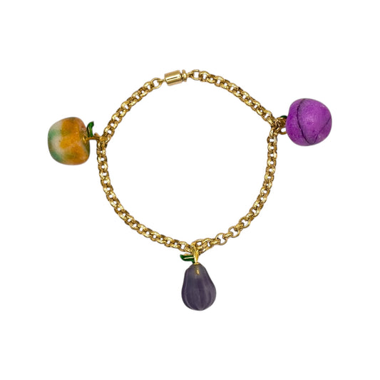 Vintage Gold Plated Rolo Chain Bracelet with Quartz & Fluorite Fruit Charms — 1980s