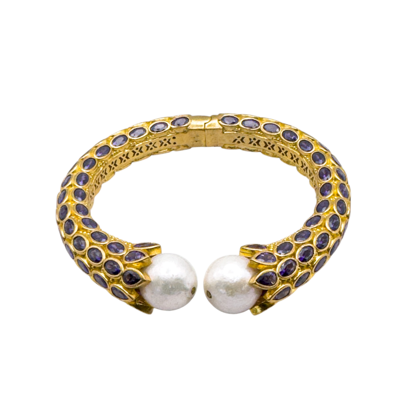 Vintage-Inspired Gold Purple Rhinestone & Pearl Cuff Bracelet