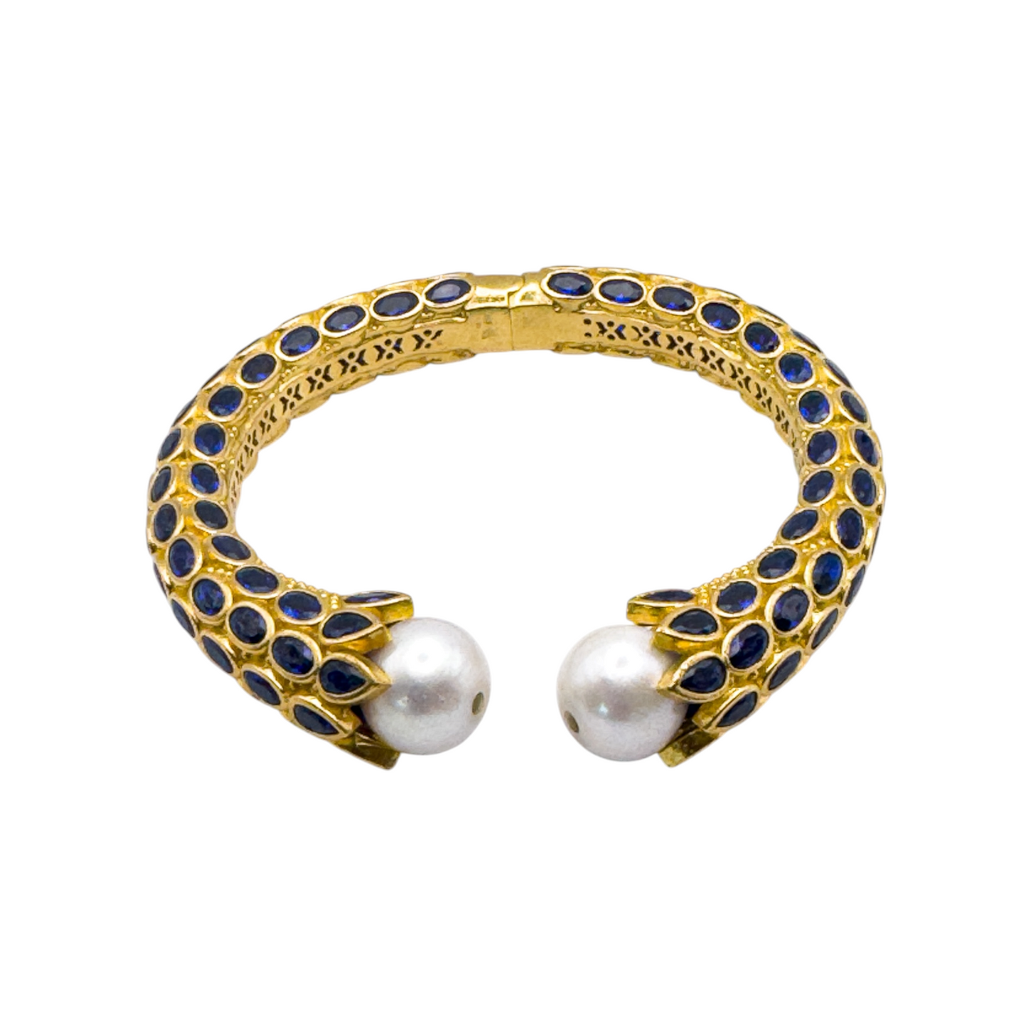 Vintage-Inspired Gold Sapphire Crystal & Pearl Cuff Bracelet