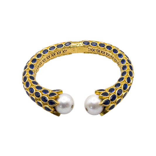 Vintage-Inspired Gold Sapphire Crystal & Pearl Cuff Bracelet