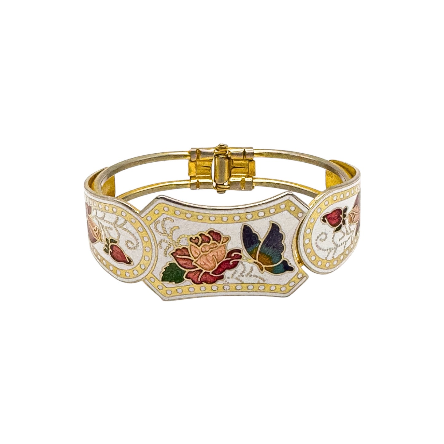 Vintage Cloisonné Butterfly & Floral Bangle — 1970s