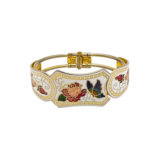 Vintage Cloisonné Butterfly & Floral Bangle — 1970s