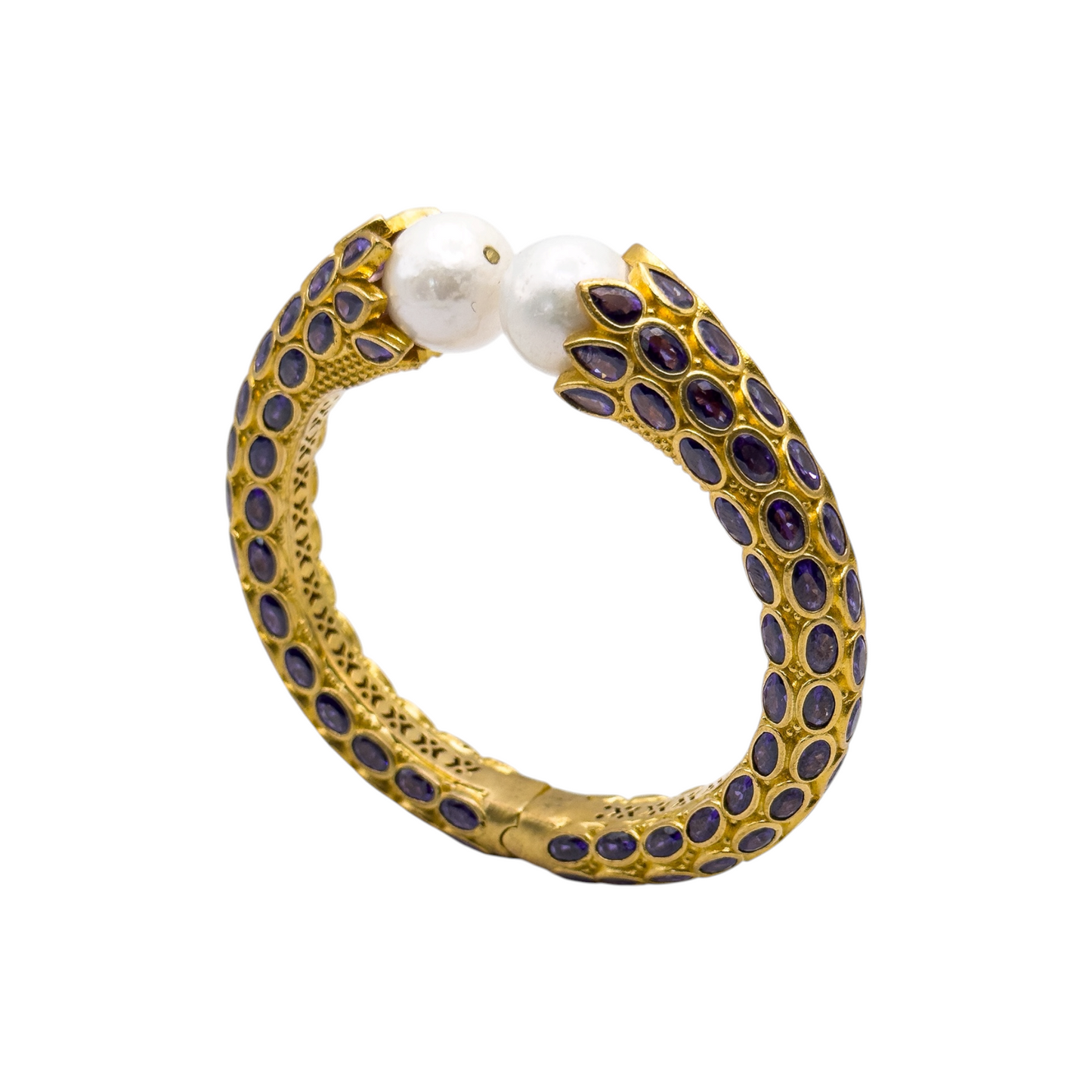 Vintage-Inspired Gold Purple Rhinestone & Pearl Cuff Bracelet